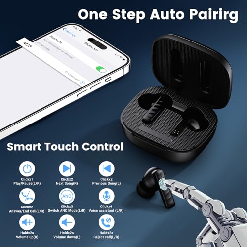 Touch Screen Earbuds, Wireless Bluetooth in-Ear Headphones with ANC Noise Cancelling, 60H Playtime, IPX5 Waterproof for Sports Gym Work Travel - color: Black