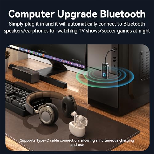 Bluetooth 5.2 Transmitter Receiver aptX Adaptive/Low Latency/HD Bluetooth Adapter Support 2 AirPods Phones, Wireless Audio Receiver 3.5mm Aux Headphone Jack Adapter for Airplane Travel/TV/Home Stereo - style: A5-PRO