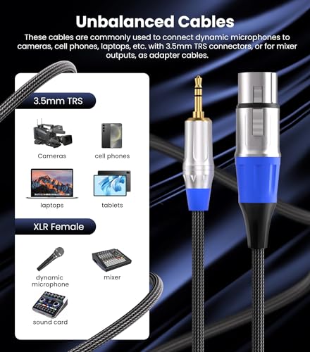 Tisino XLR Female to 3.5mm TRS Aux Unbalanced Microphone Cable, 1 FT | 3.5mm to XLR Female Mic Cord for DSLR Camera, Camcorder, Laptop and Computer Recording, Shielded OFC Stereo Audio Cable - size: 1 foot