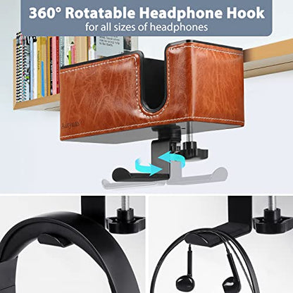 Under Desk Cup Holder Clamp on Cup Holder PU Leather Clip on Desk Organizer | Desk organizer with pencil holder clamp on side, under desk hanging organizer, clip on cup holder desk phone stand holder PU - color: Light Brown