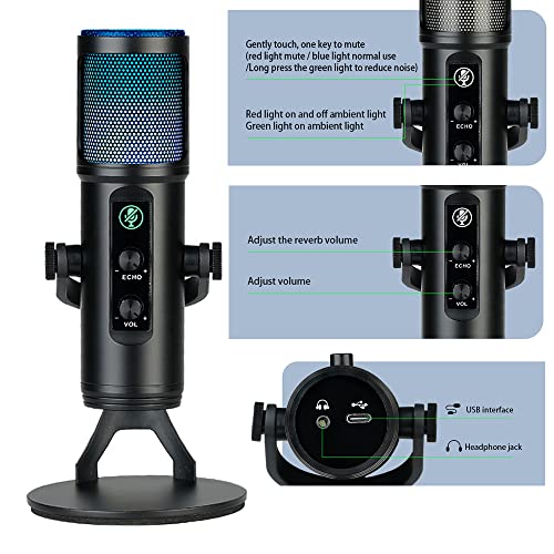 Andoer USB Condenser Microphone Cardioid Mic with RGB Lights One-Button Mute Headphone Real-time Monitoring with Desktop Mic Stand for Smartphone Laptop PC Live Streaming Video Conference Online