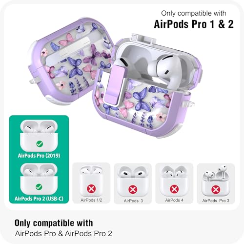 WENEW Case for AirPods Pro & Pro 2 Case Cover Secure Lock Automatic Snap Switch Clip Cleaner Kit Lanyard Women Stylish Hard Shell Full Body Front LED Visible (Purple Butterfly, AirPods Pro & Pro 2) - color: Purple Butterfly, size: AirPods Pro & Pro 2