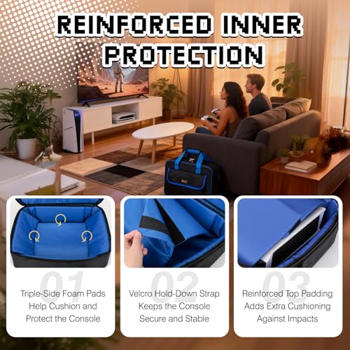 Carrying Case Compatible with PS5, PS5 Slim& Pro, Padded Travel Case | Storage for 2 Controllers, Headset & Cables, Padded Interior, Water-Resistant Exterior, Hold-Down Strap, Bag Only