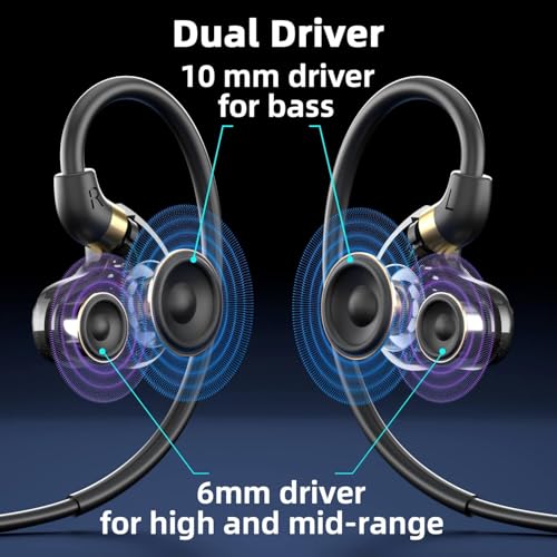 Dual Driver USB C Headphones in Ear Buds Wired Earphones with Mic | Extra bass earbuds, wrap around over ear, hifi, microphone, hook, sport, running, aux, braided cable, noise isolation, cord