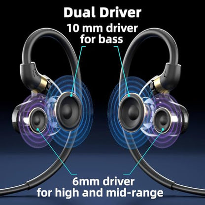 Dual Driver USB C Headphones in Ear Buds Wired Earphones with Mic | Extra bass earbuds, wrap around over ear, hifi, microphone, hook, sport, running, aux, braided cable, noise isolation, cord