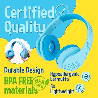 PowerLocus Kids Headphones Over-Ear, Bluetooth Wireless Headphones for Kids,with Microphone, Safe 85DB Volume Limited, Foldable with Carry Case, Audio Cable, Micro SD mode for Online Classes,PC,Phones - color: Blue