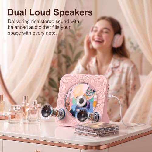 Gueray Portable CD Player with Bluetooth for Home, Hi-Fi Speaker,FM Radio | Plug-in desktop use,2-way Bluetooth mode, 3W speakers,Remote control,sleep timer, A-B repeat,USB/AUX,headphone jack - color: Pink