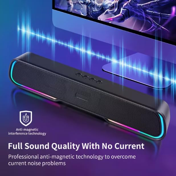 Bluetooth Computer Soundbar Speakers, Rechargeable Gaming Sound Bar with RGB, Support FM Radio/TF Card/AUX/USB Playback, Speakers for Desktop, Laptop, TV, Phone, HD Stereo Loud Sound, Punchy Bass