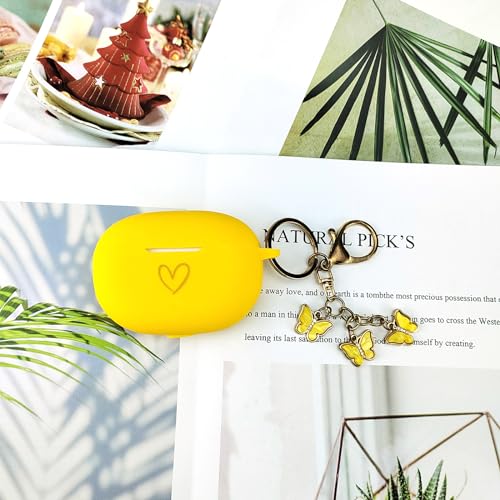 Compatible with Beats Studio Buds 2021, Soft Silicone Case with Gold Heart Pattern for Beats Studio Buds Case with Cute Butterfly Keychain for Girls Women (Yellow) - color: Yellow