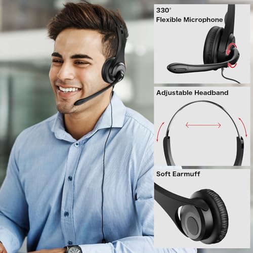 Voistek USB Headset with Noise Canceling Mic,Single-Ear Headset for PC | Mono Headphones with USB-A Cable & USB-C Adapter,In-Line Volume Control,Mute Button for Teams Zoom,Home Office - color: ink black