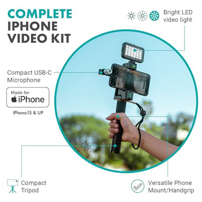 Movo USB-C Starter Kit for Content Creators - Smartphone Video Vlogging Kit for iPhone 15/16/17 and up - Includes USB-C Microphone, LED Video Light, Phone Holder, Grip, and Mini Tripod
