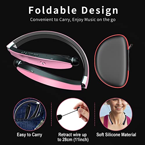 Foldable Bluetooth Headphones, Wireless Neckband Headset with Retractable Earbuds, Noise Cancelling Stereo Earphones with Carrying Case for Sports & Exercise (Gold) - color: Gold