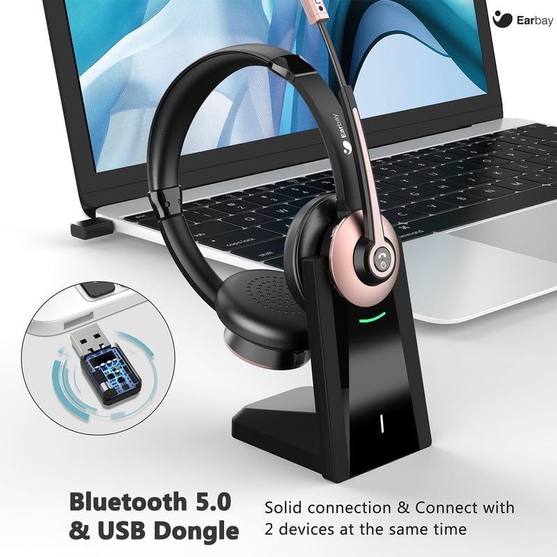 Earbay Wireless Headset, Bluetooth Headset with Microphone Noise Canceling & USB Dongle, Wireless Headphones with Mic Mute/Charge Dock for Remote Work Computer Cell Phone Office Call Meetings Teams