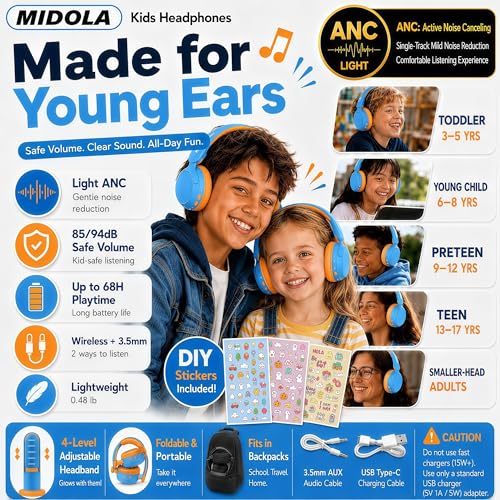 Kids Bluetooth Headphones Wireless,ANC, 68H,Safe Volume Limit 85/94dB Sky | Active Noise Cancelling,Adjustable Headband Foldable Over-Ear for Toddler Girls Boys Tablet/iPad,HD Stereo,Built-in Mic,Blue - color: Sky Blue