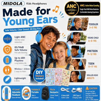Kids Bluetooth Headphones Wireless,ANC, 68H,Safe Volume Limit 85/94dB Sky | Active Noise Cancelling,Adjustable Headband Foldable Over-Ear for Toddler Girls Boys Tablet/iPad,HD Stereo,Built-in Mic,Blue - color: Sky Blue