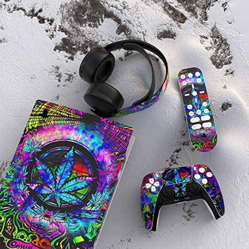 PlayVital Psychedelic Leaf Full Set Skin Decal for ps5 Console Digital Edition, Sticker Vinyl Decal Cover for ps5 Controller & Charging Station & Headset & Media Remote - color: Psychedelic Leaf