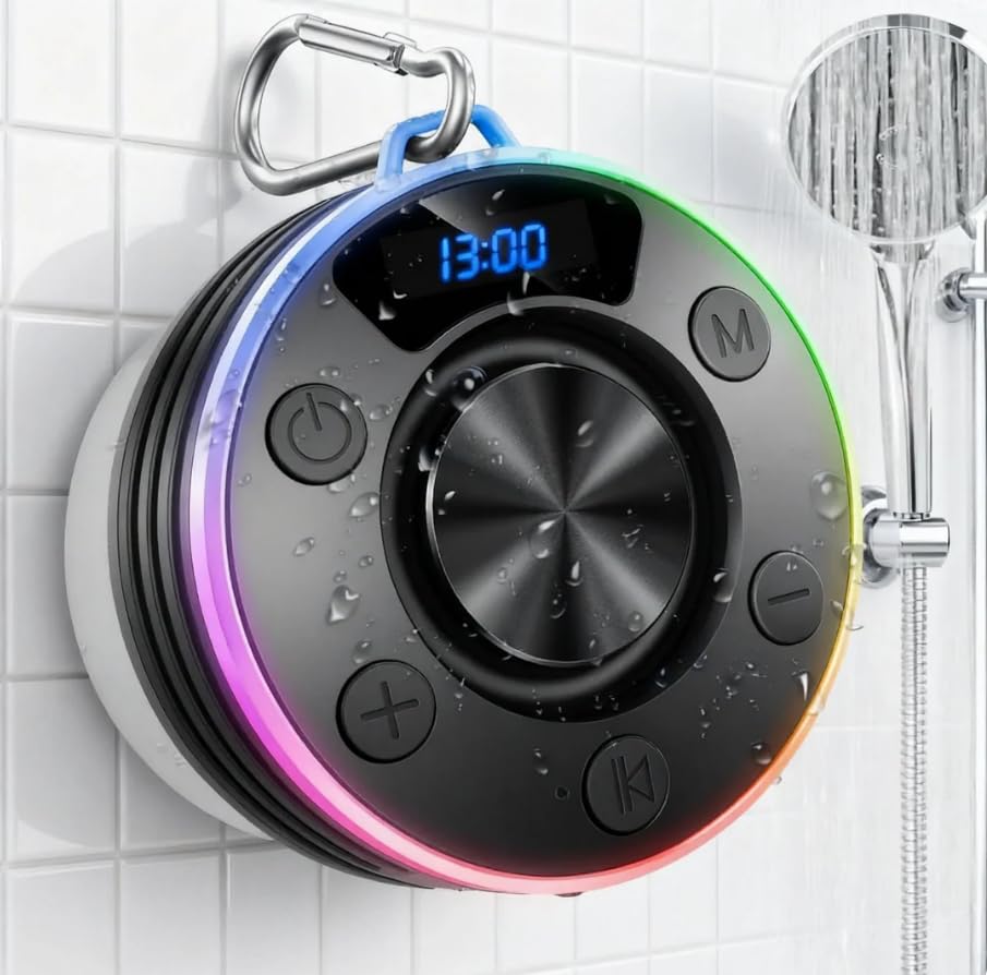 Bluetooth Speaker, Shower Speaker Portable with Hook, IPX7 Waterproof Bluetooth Speakers with Suction Cup, Digital/Time Display, Crystal Sound, Small Wireless Speakers for Outdoor Bathroom Gifts,Black - color: Deep black