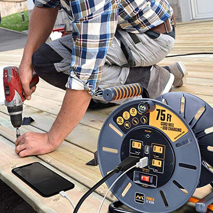 Masterplug 75ft Cord Reel, Retractable Extension Lead with Winding Handle, Safety Overload Circuit Breaker and Power Switch, 4x Grounded Outlets, 2x USB Ports, 15amps, 12AWG Cable - size: 75ft, style: 12 AWG