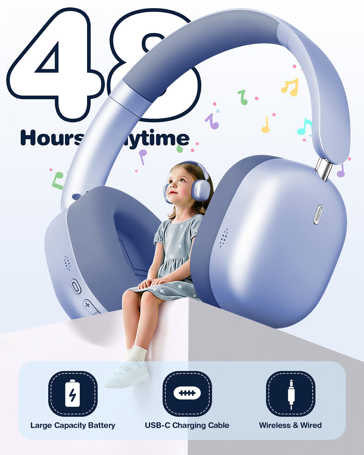 Wentronic Kids Headphones Wireless Bluetooth 5.4,Foldable Over Ear Headphones with 3.5mm Wired Mode,Safe Volume Limit,48H Playtime,Clear Calls,HD Sound for Toddlers/Children/School/Travel,Blue - color: Blue