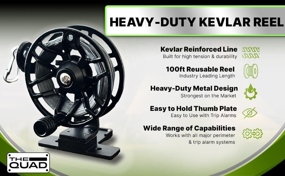 THE QUAD Reusable Metal Trip Wire Reel with 100ft Kevlar Line, Security Alarm Accessory, Black