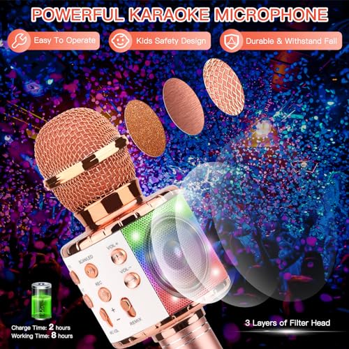 ShinePick Karaoke Microphone, 4 in 1 Wireless Microphone with LED Lights Handheld Portable Karaoke Machine, Home KTV Player, Compatible with Android & iOS Devices(Pink) - color: pink