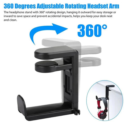 Headphone Stand,Headphone Hanger Hook Under -PC Gaming Headset Stand, Adjustable Clamp-on Headphone Holder,Desk with 360 Degree Swivel with Cable Clip Organizer-Black
