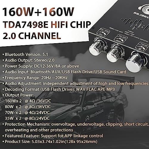 160W+160W Amplifier Board with Treble and Bass Control, DC 12-36V, BT and AUX Inputs, 2.0 Channel Stereo AMP Board for DIY Wireless Speakers(T160HS (Back) - color: T160HS (BACK)