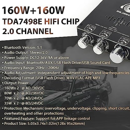 320W Audio Amplifier Board with Treble and Bass Control, DC 12-36V, Bluetooth 5.2 and AUX Inputs, 2.0 Channel Stereo AMP Board for DIY Wireless Speakers (Black3 T160HS) - color: Black3 T160HS