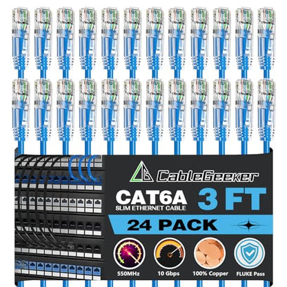 CableGeeker Cat 6A Slim Ethernet Patch Cables, 3 ft, 24-Pack, Blue | 28AWG Pure Copper, 10Gbps/550MHz, Snagless Gold-Plated RJ45, Ultra-Thin Flexible Design for Switches, Patch Panels, and Racks - color: Blue-Slim, size: 3ft, style: 24 Pack