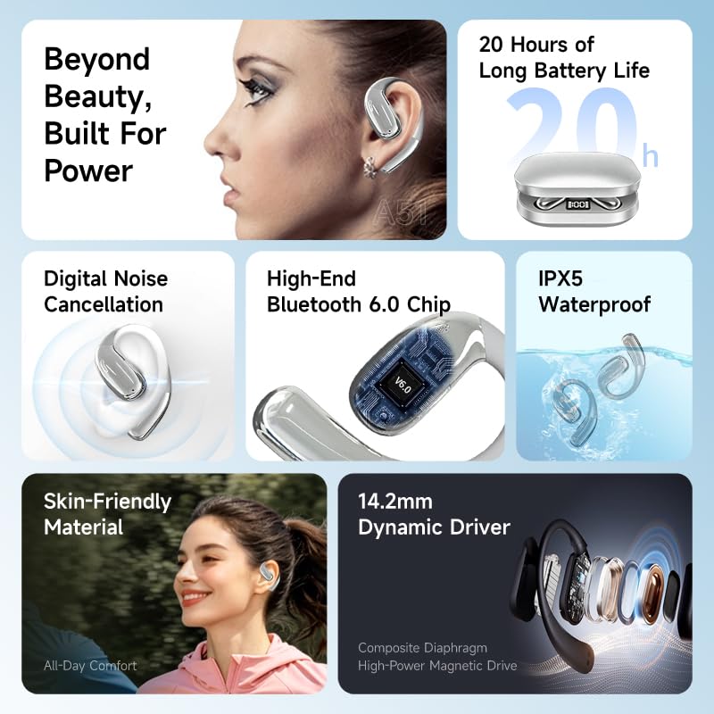A51 Open Ear Headphones, True Wireless Earbuds with Mic & Earhooks | Deep Bass Sound, 20H Playtime & Digital Display, AI Clear Calls, Secure Comfortable Fit - Running, Sport, Meeting (Silver) - color: Silver