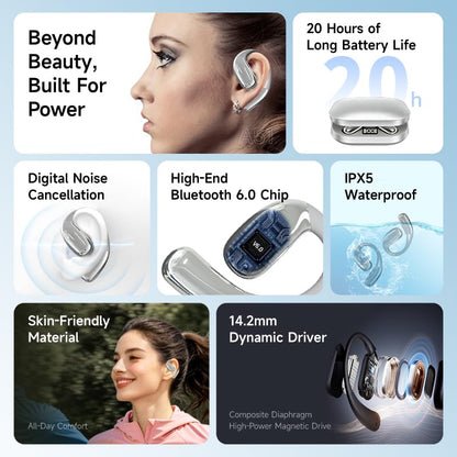 A51 Open Ear Headphones, True Wireless Earbuds with Mic & Earhooks | Deep Bass Sound, 20H Playtime & Digital Display, AI Clear Calls, Secure Comfortable Fit - Running, Sport, Meeting (Silver) - color: Silver