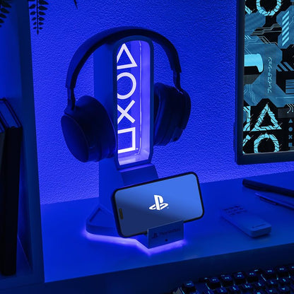 Paladone PlayStation 3-in-1 Headphone Stand and Tech Charging Station with Console Controller Cradle and 2 USB-C Ports, RGB Colour Changing Light Panel, Officially Licensed Gift for Gamers