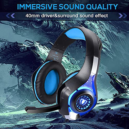 BlueFire Wired Gaming Headset for PS4 PS5 Xbox One PC – Over-Ear Headphones with Surround Sound, Noise Canceling Mic, Soft Memory Foam, LED Light, 3.5mm Jack for Console & Laptop (Blue) - color: Blue