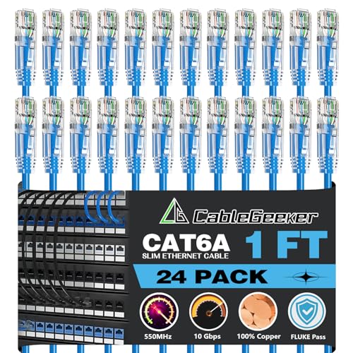 CableGeeker Cat 6A Slim Ethernet Patch Cables, 1 ft, 24-Pack, Blue | 28AWG Pure Copper, 10Gbps/550MHz, Snagless Gold-Plated RJ45, Ultra-Thin Flexible Design for Switches, Patch Panels, and Racks - color: Blue-Slim, size: 1ft, style: 24 Pack