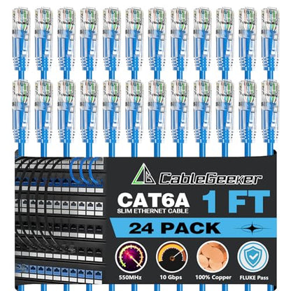 CableGeeker Cat 6A Slim Ethernet Patch Cables, 1 ft, 24-Pack, Blue | 28AWG Pure Copper, 10Gbps/550MHz, Snagless Gold-Plated RJ45, Ultra-Thin Flexible Design for Switches, Patch Panels, and Racks - color: Blue-Slim, size: 1ft, style: 24 Pack