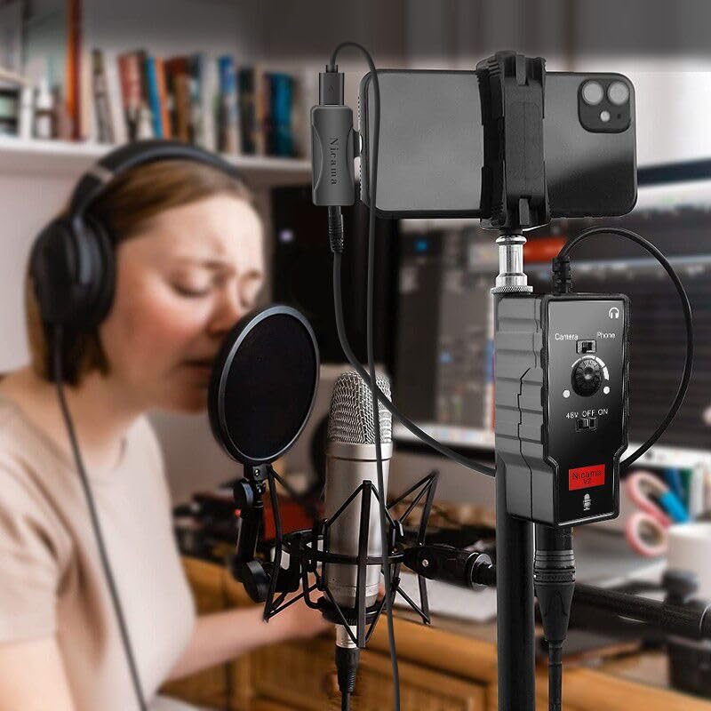 V2 XLR Female to 3.5mm TRS TRRS Adapter Cable for Shotgun or Condenser Rode Sennheiser Microphone, Mic Preamp with 48V Phantom Power Supply for iPhone iPad DSLR Camera (Not for Canon T5, 6 7)