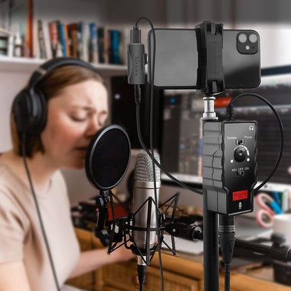 V2 XLR Female to 3.5mm TRS TRRS Adapter Cable for Shotgun or Condenser Rode Sennheiser Microphone, Mic Preamp with 48V Phantom Power Supply for iPhone iPad DSLR Camera (Not for Canon T5, 6 7)