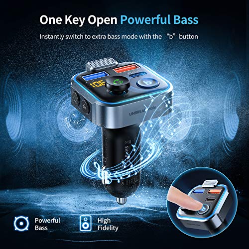 UNBREAKcable Bluetooth 5.3 FM Transmitter for Car Radio Adapter Charger | PD 20W and QC 3.0 Fast Charge, HiFi Bass Sound, Strong Mic, Hands Free Calls, Siri and Google Voice Assistant - color: Blue