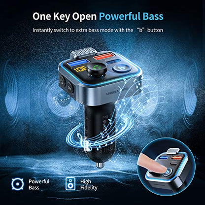UNBREAKcable Bluetooth 5.3 FM Transmitter for Car Radio Adapter Charger | PD 20W and QC 3.0 Fast Charge, HiFi Bass Sound, Strong Mic, Hands Free Calls, Siri and Google Voice Assistant - color: Blue