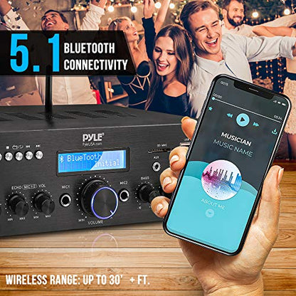 Pyle Wireless Microphone Power Amplifier System - 200W Dual Channel Sound Audio Stereo Karaoke Speaker Receiver w/USB, AUX, Microphone in w/Echo, Radio,Home Theater via RCA, Studio Use PDA8BUWM.5