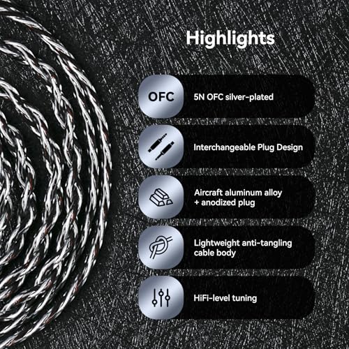 KBEAR P34 5N 2-Strands 98-Core OFC Silver-Plated HiFi Earphone Upgrade In Ear Monitor Cable,Interchangeable 3.5mm/4.4mm Plug Design Replacement IEM Cable for Audiophile Musician (2PIN, Titanium, 1.2m)