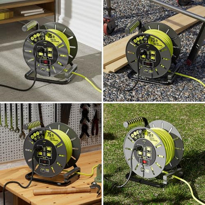 Masterplug 75ft Cord Reel, Retractable Extension Lead with Winding Handle, Safety Overload Circuit Breaker and Power Switch, 4x Grounded Outlets, 2x USB Ports, 13amps, 14AWG Cable - size: 75ft, style: 14 AWG