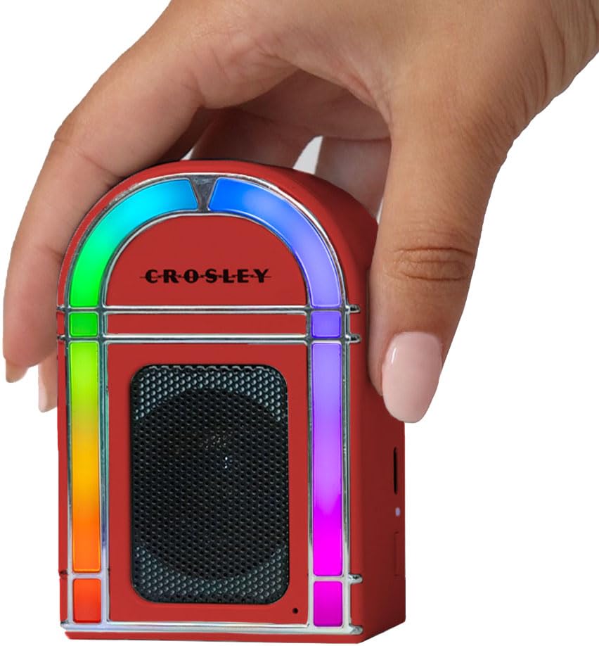Crosley CR3046A-RE Mini Jukebox Portable Bluetooth Speaker, Red | Bluetooth In, 5 Color-Changing Light Modes, LED Lights Sync with Music, Rechargeable Lithium-Ion Battery - color: Red