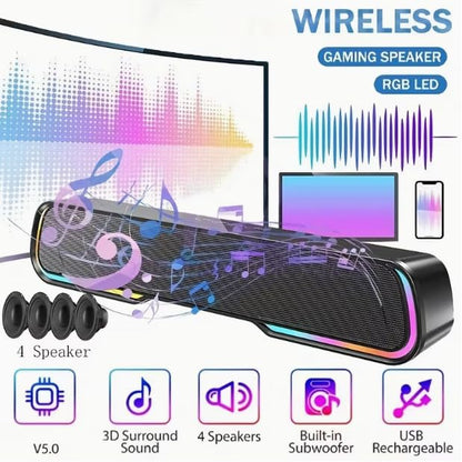 Bluetooth Computer Soundbar Speakers, Rechargeable Gaming Sound Bar with RGB, Support FM Radio/TF Card/AUX/USB Playback, Speakers for Desktop, Laptop, TV, Phone, HD Stereo Loud Sound, Punchy Bass