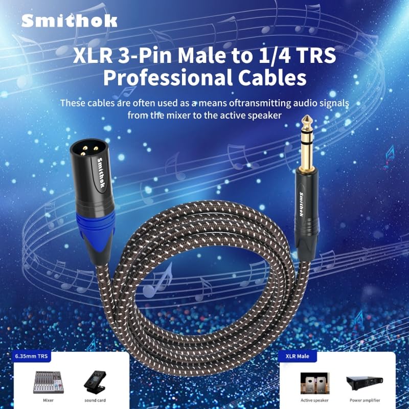 Smithok 1/4" to XLR Cable,Heavy Duty Nylon Braided,Gold Plated Plug,Balanced 1/4" TRS to XLR Male Patch Cable, Quarter Inch 6.35mm to 3pin XLR Male Microphone Cable -10ft(3M)
