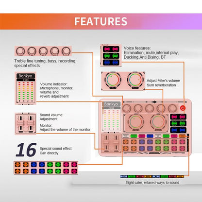 F999 Pink Live Streaming Sound Card, Professional Audio Mixer, Voice Changer Soundboard with Audio Interface, Bluetooth, Noise Reduction, DJ Mixer Board for Live/Podcasting/Gaming - color: Pink