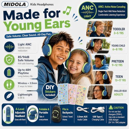 Kids Bluetooth Headphones Wireless,ANC, 68H,Safe Volume Limit 85/94dB Blue | Active Noise Cancelling,Adjustable Headband Foldable Over-Ear for Toddler Girls Boys Tablet/iPad,HD Stereo,Built-in Mic,Green - color: Deep Blue
