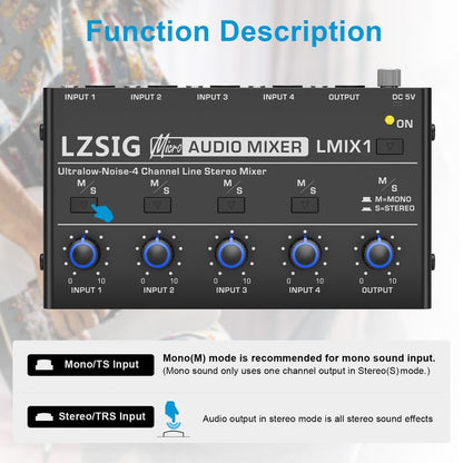 LZSIG Mini Audio Mixer, Ultra Low-Noise, 4-Channel, 4 IN 1 OUT | Stereo Line Mixer for Sub-Mixing, 1/4" & 1/8" TS & TRS Output and Input for Electronic Drum, Guitars, Bass, Keyboards