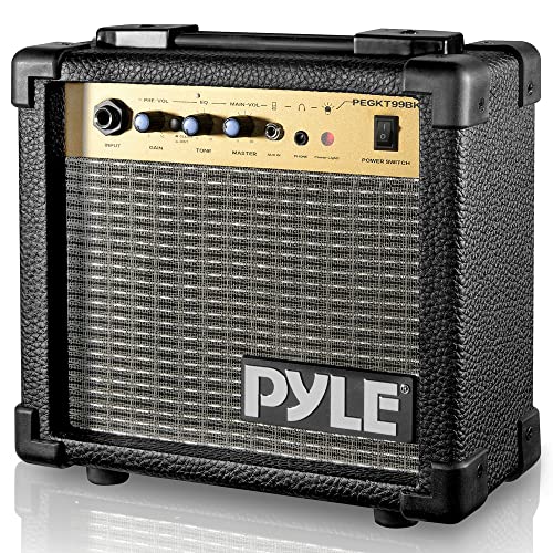 Pyle Portable Mini Electric Guitar Amp - 10 Watt Practice Instrument Amplifier w/ 5" Loudspeaker, Volume,Bass, Treble, Distortion,Gain Controls, Headphone Output,Carry Handle,Leather/Wood Construction