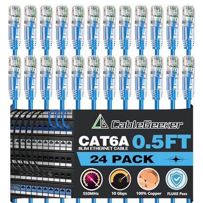 CableGeeker Cat 6A Slim Ethernet Patch Cables, 0.5 ft, 24-Pack, Blue | 28AWG Pure Copper, 10Gbps/550MHz, Snagless Gold-Plated RJ45, Ultra-Thin Flexible Design for Switches, Patch Panels, and Racks - color: Blue-Slim, size: 0.5ft, style: 24 Pack